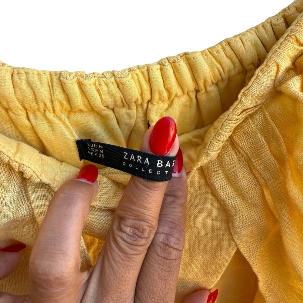 Zara Yellow Off Shoulder Ruffle Dress Linen Tie Waist Summer Sundress Medium - Picture 4 of 4